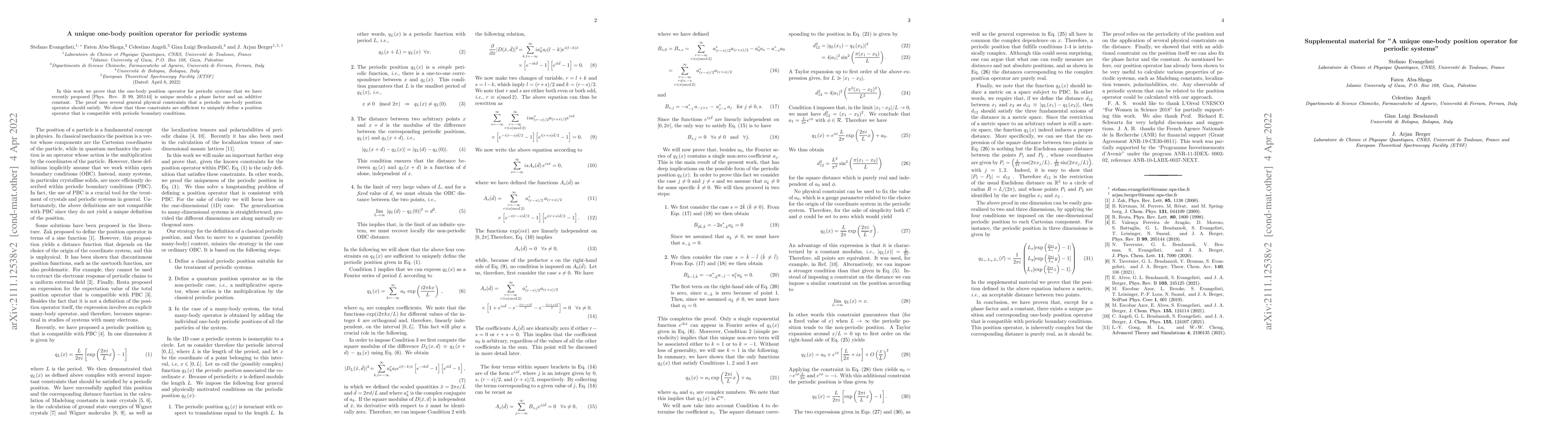 Thumbnail for A unique one-body position operator for periodic systems
