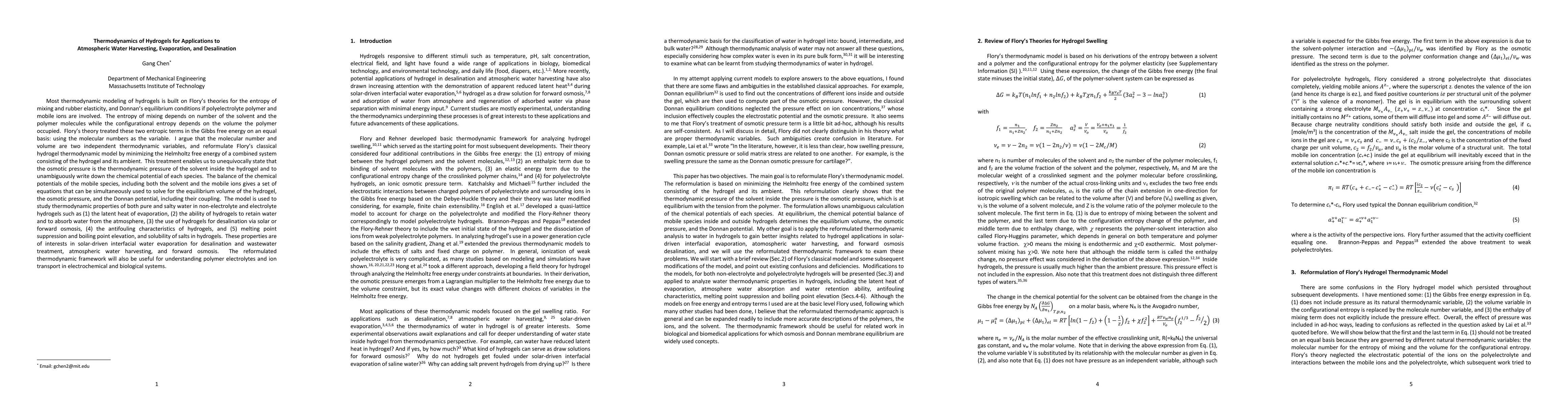 Thumbnail for Thermodynamics of Hydrogels for Applications to Atmospheric Water
  Harvesting, Evaporation, and Desalination