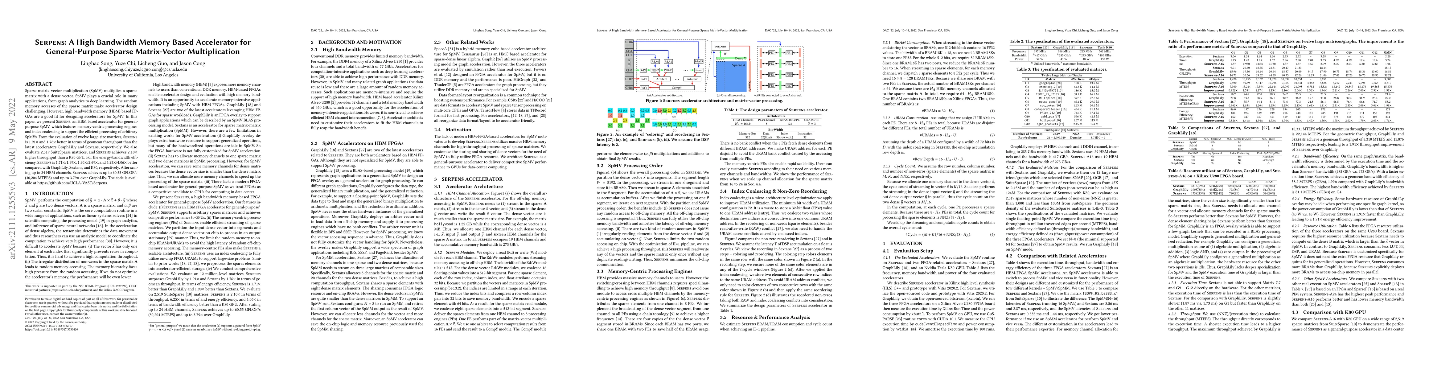 Thumbnail for Serpens: A High Bandwidth Memory Based Accelerator for General-Purpose
  Sparse Matrix-Vector Multiplication