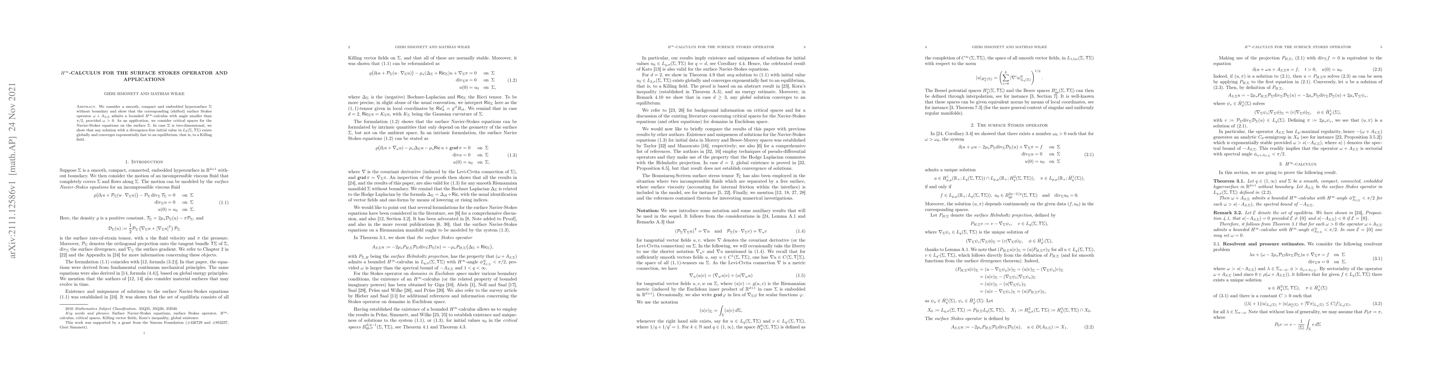 Thumbnail for $H^\infty$-calculus for the surface Stokes operator and applications