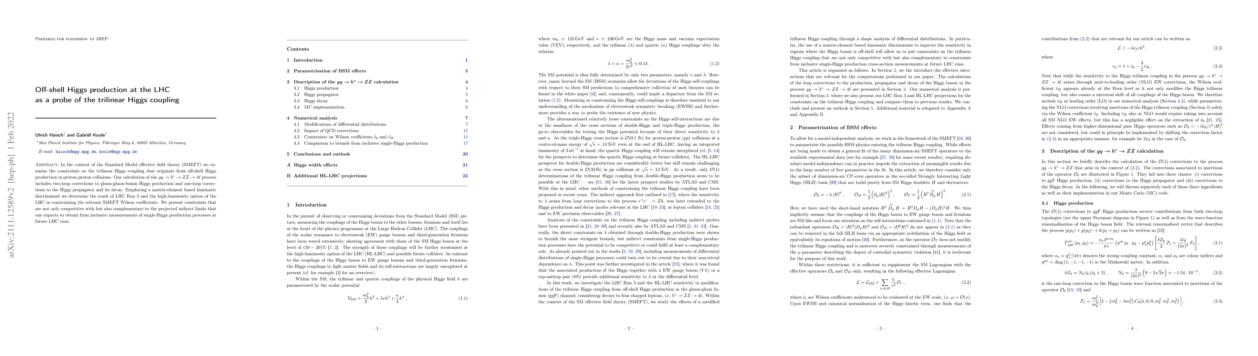 Thumbnail for Off-shell Higgs production at the LHC as a probe of the trilinear Higgs
  coupling