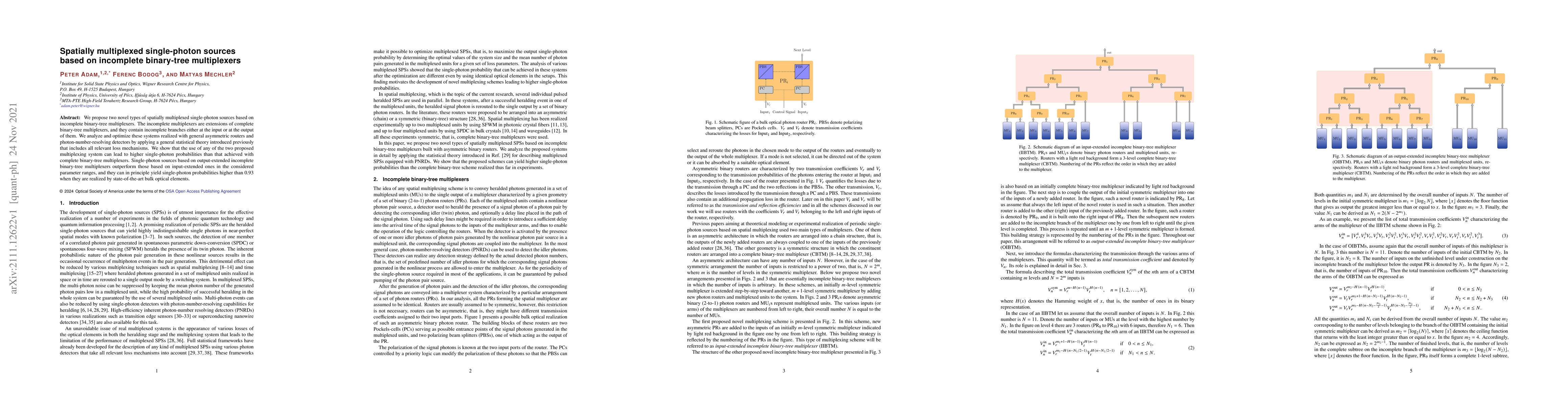Thumbnail for Spatially multiplexed single-photon sources based on incomplete
  binary-tree multiplexers