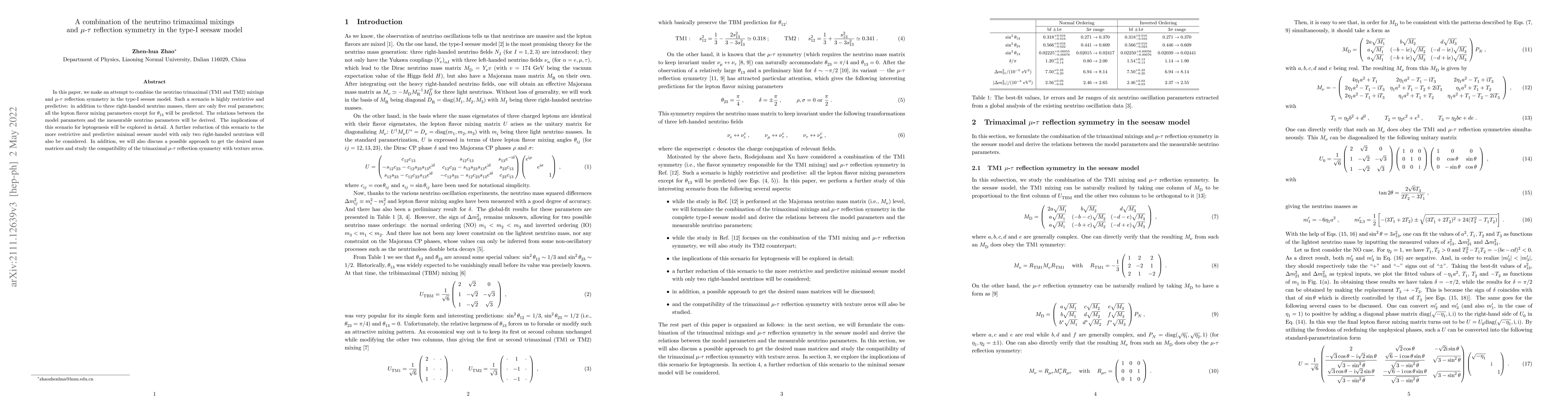 Thumbnail for A combination of the neutrino trimaximal mixings and mu-tau reflection
  symmetry in the type-I seesaw model
