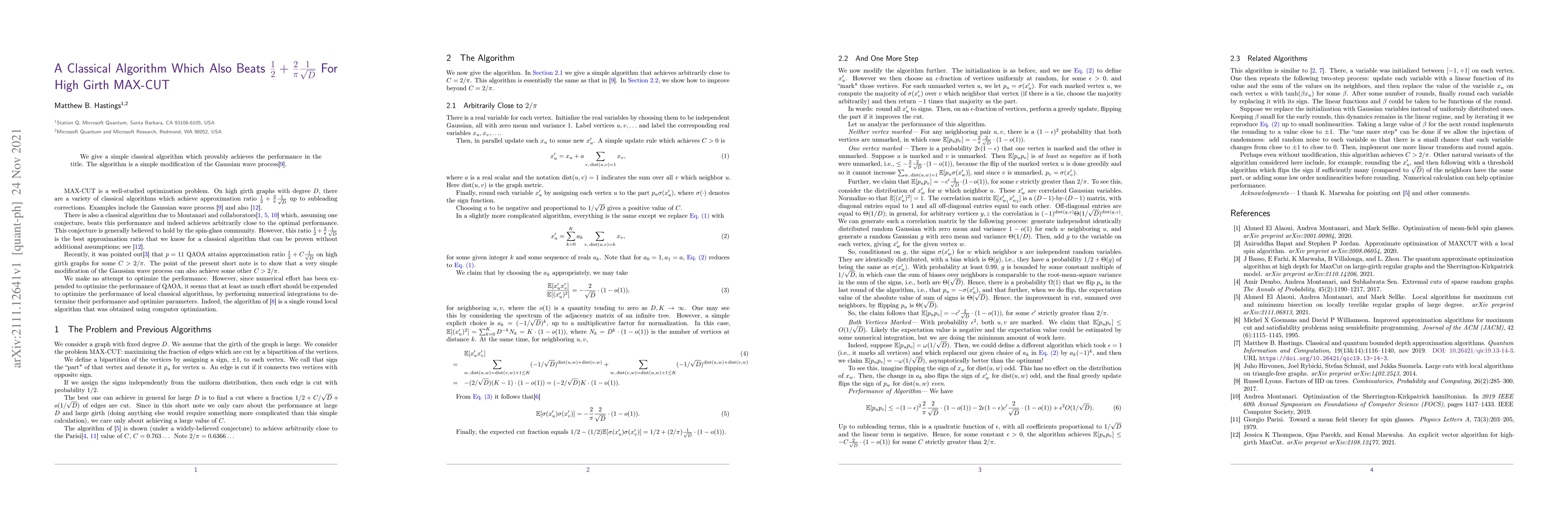 Thumbnail for A Classical Algorithm Which Also Beats
  $\frac{1}{2}+\frac{2}{\pi}\frac{1}{\sqrt{D}}$ For High Girth MAX-CUT