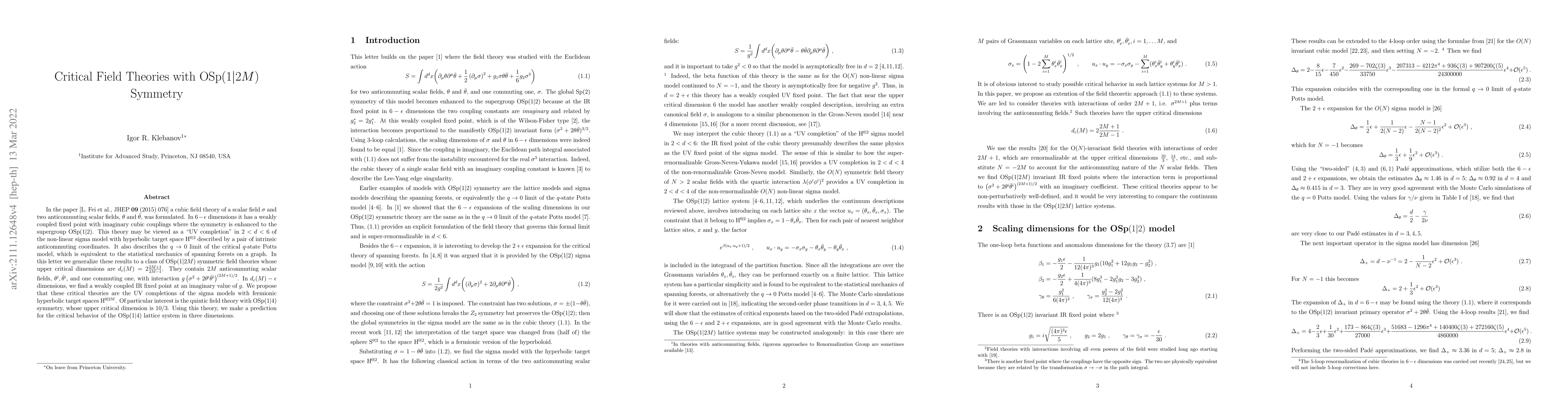 Thumbnail for Critical Field Theories with OSp$(1|2M)$ Symmetry
