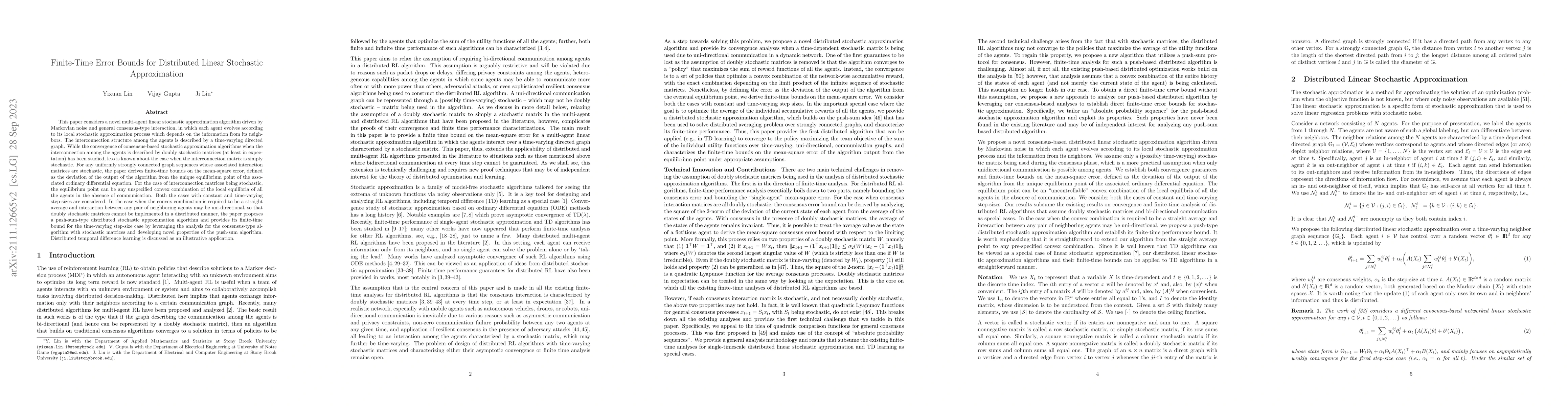 Thumbnail for Finite-Time Error Bounds for Distributed Linear Stochastic Approximation