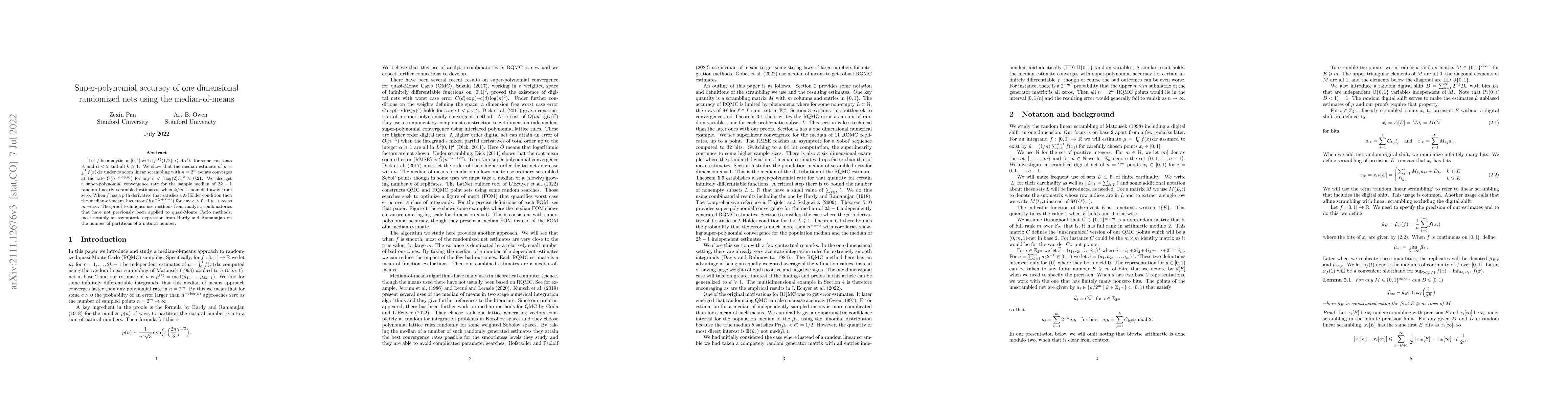 Thumbnail for Super-polynomial accuracy of one dimensional randomized nets using the
  median-of-means