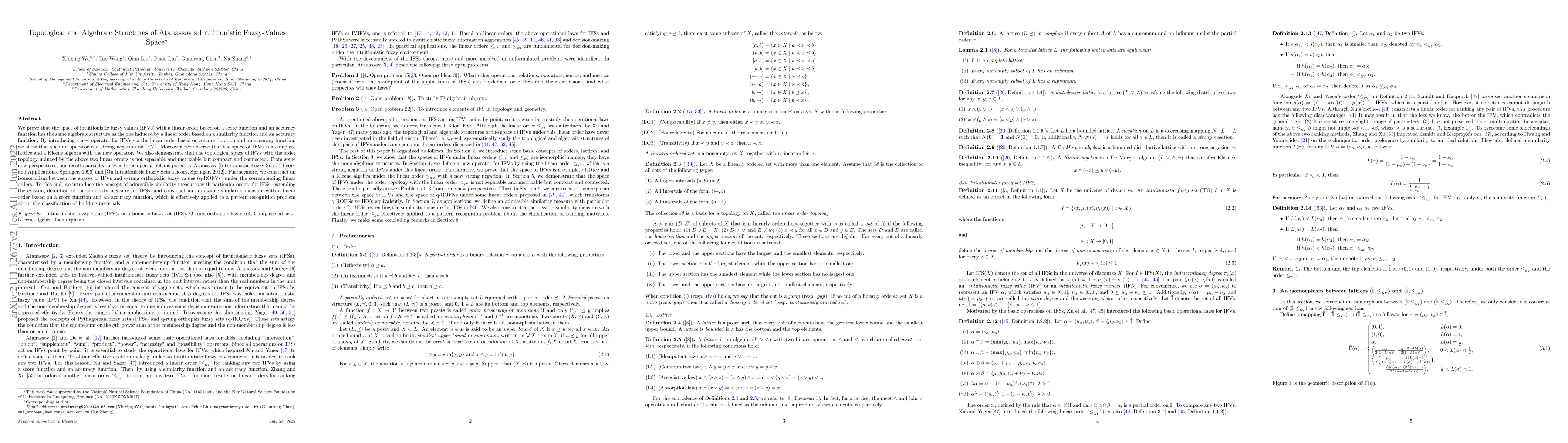 Thumbnail for Topological and Algebraic Structures of Atanassov's Intuitionistic
  Fuzzy-Values Space