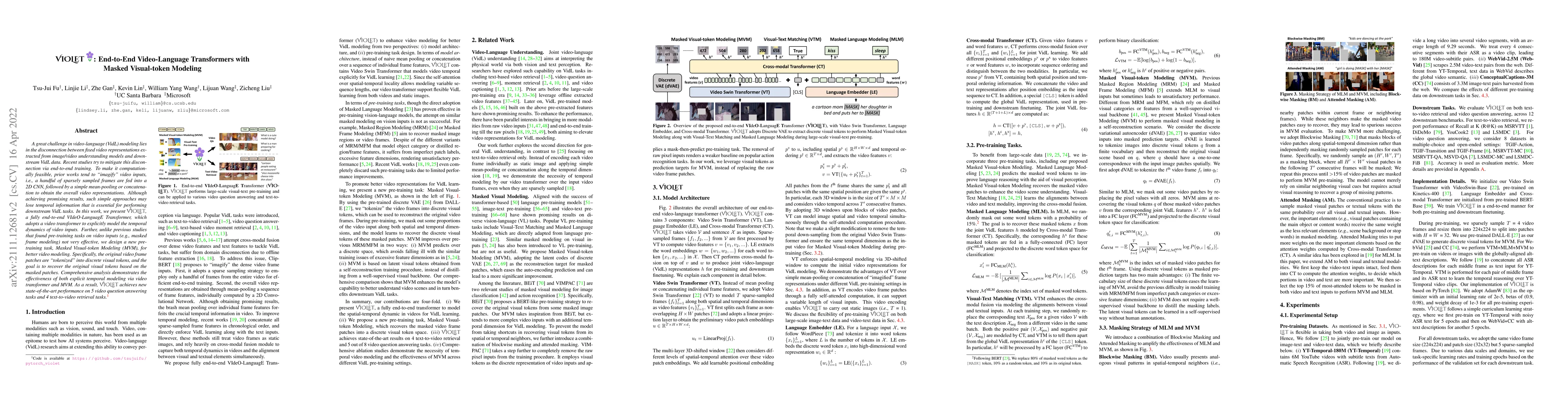 Thumbnail for VIOLET : End-to-End Video-Language Transformers with Masked Visual-token
  Modeling