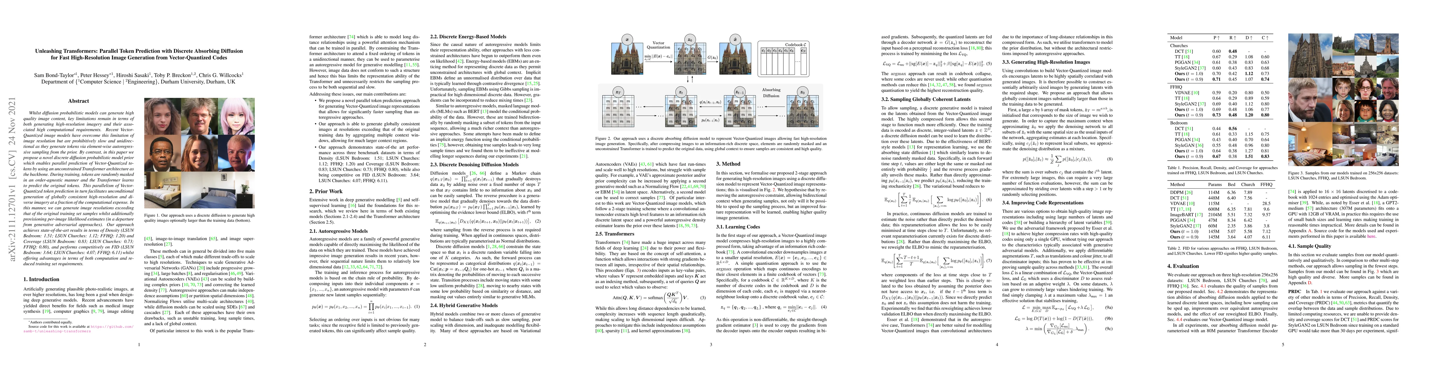 Thumbnail for Unleashing Transformers: Parallel Token Prediction with Discrete
  Absorbing Diffusion for Fast High-Resolution Image Generation from
  Vector-Quantized Codes