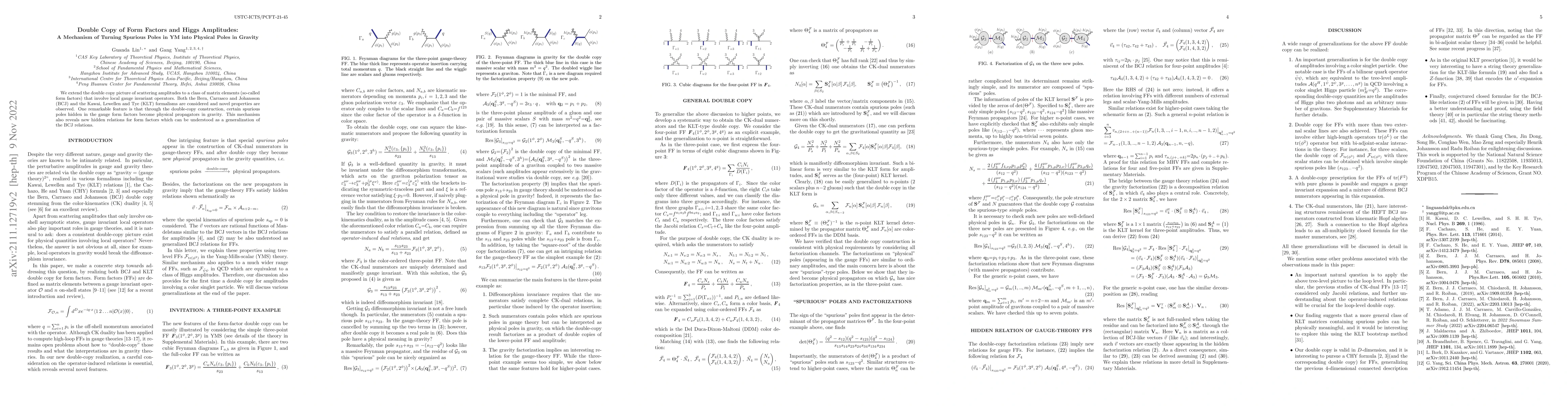 Thumbnail for Double Copy of Form Factors and Higgs Amplitudes: A mechanism of turning
  spurious poles in Yang-Mills into physical poles in gravity