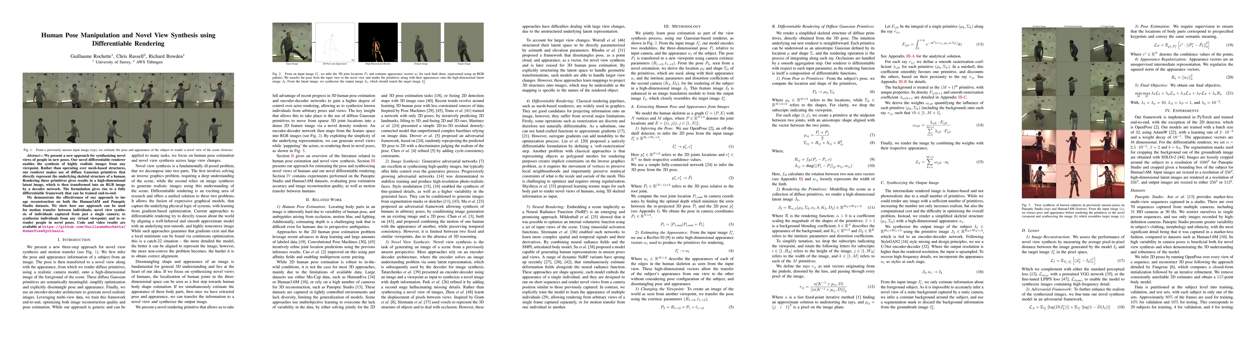 Thumbnail for Human Pose Manipulation and Novel View Synthesis using Differentiable
  Rendering