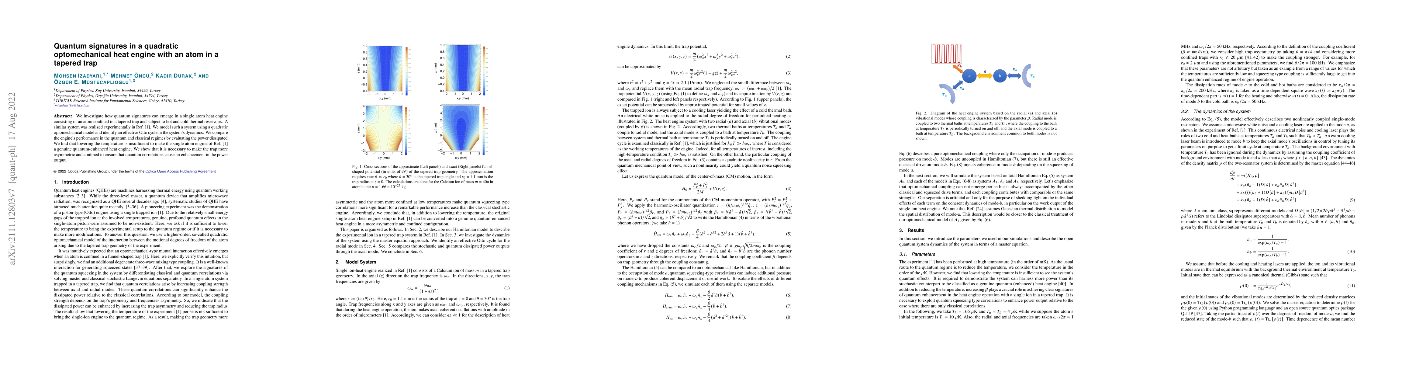 Thumbnail for Quantum signatures in quadratic optomechanical heat engine with an atom
  in a tapered trap