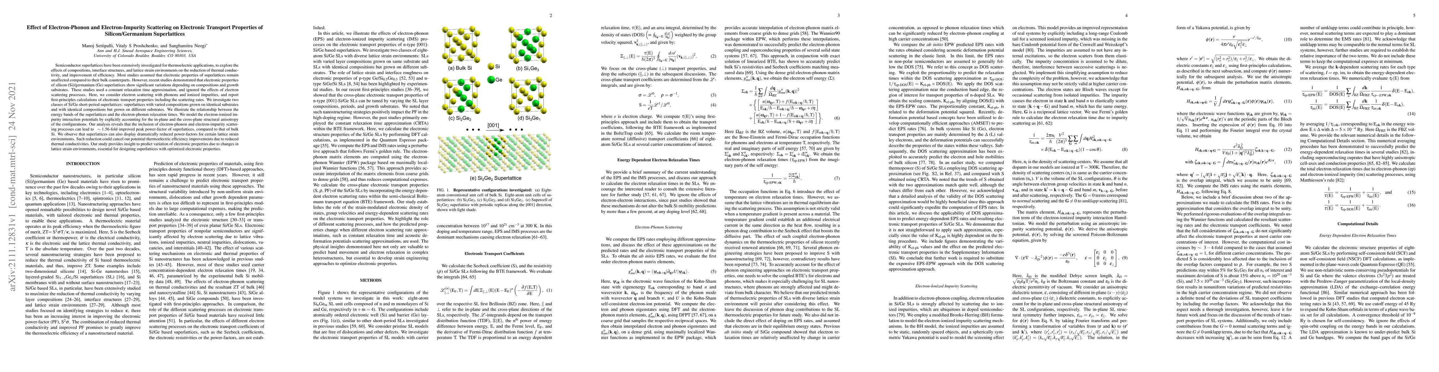 Thumbnail for Effect of Electron-Phonon and Electron-Impurity Scattering on Electronic
  Transport Properties of Silicon/Germanium Superlattices