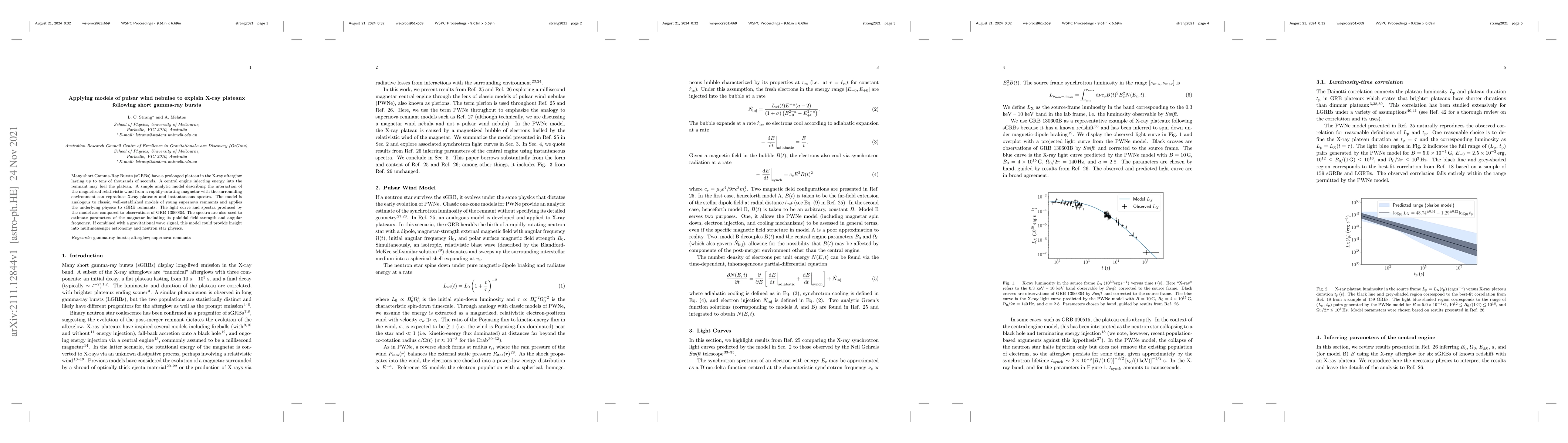 Thumbnail for Applying models of pulsar wind nebulae to explain X-ray plateaux
  following short gamma-ray bursts