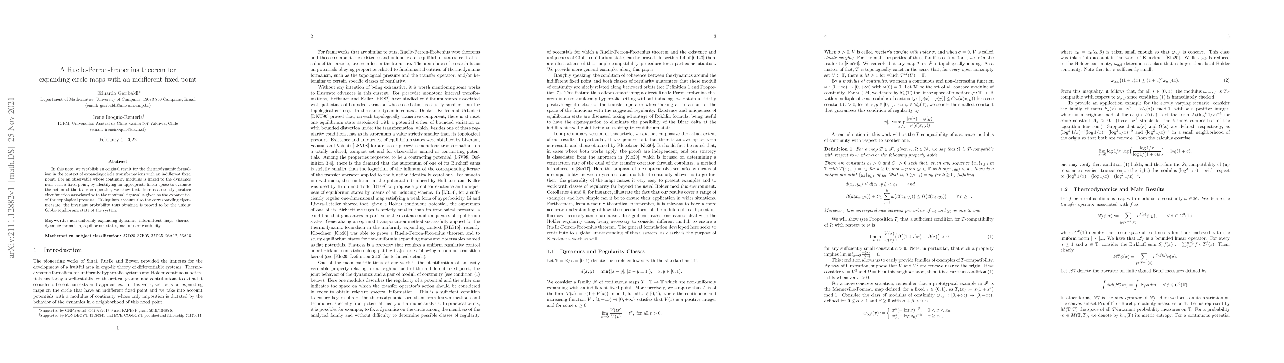 Thumbnail for A Ruelle-Perron-Frobenius theorem for expanding circle maps with an
  indifferent fixed point