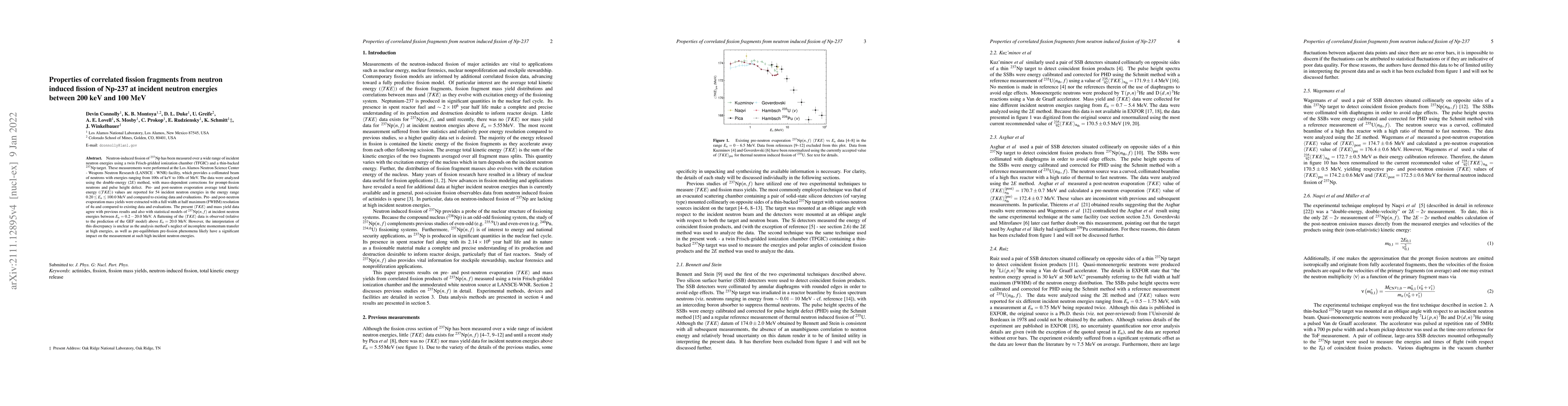Thumbnail for Properties of correlated fission fragments from neutron induced fission
  of Np-237 at incident neutron energies between 200 keV and 100 MeV