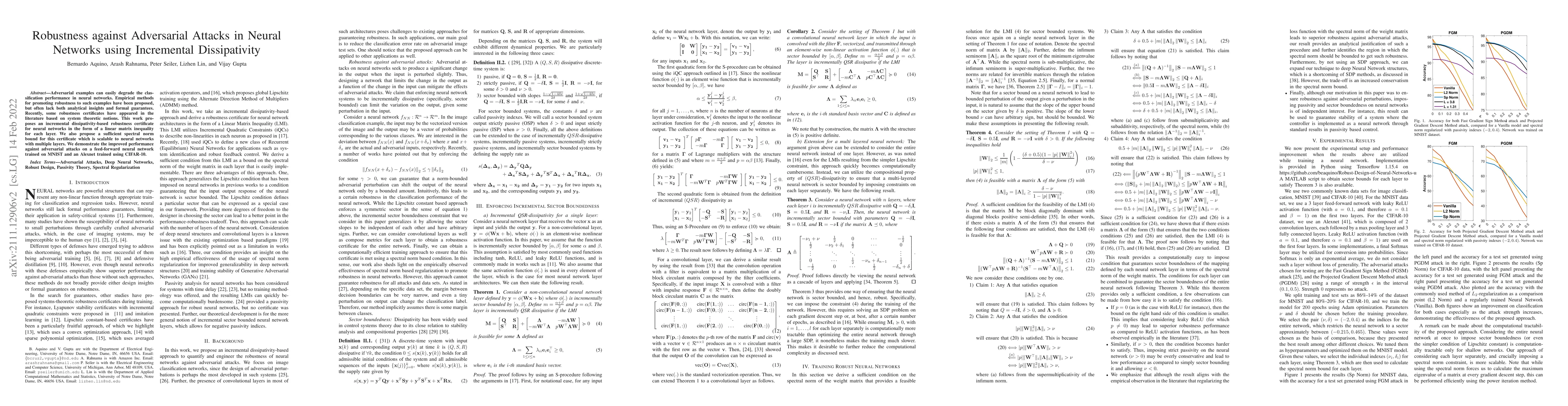 Thumbnail for Robustness against Adversarial Attacks in Neural Networks using
  Incremental Dissipativity