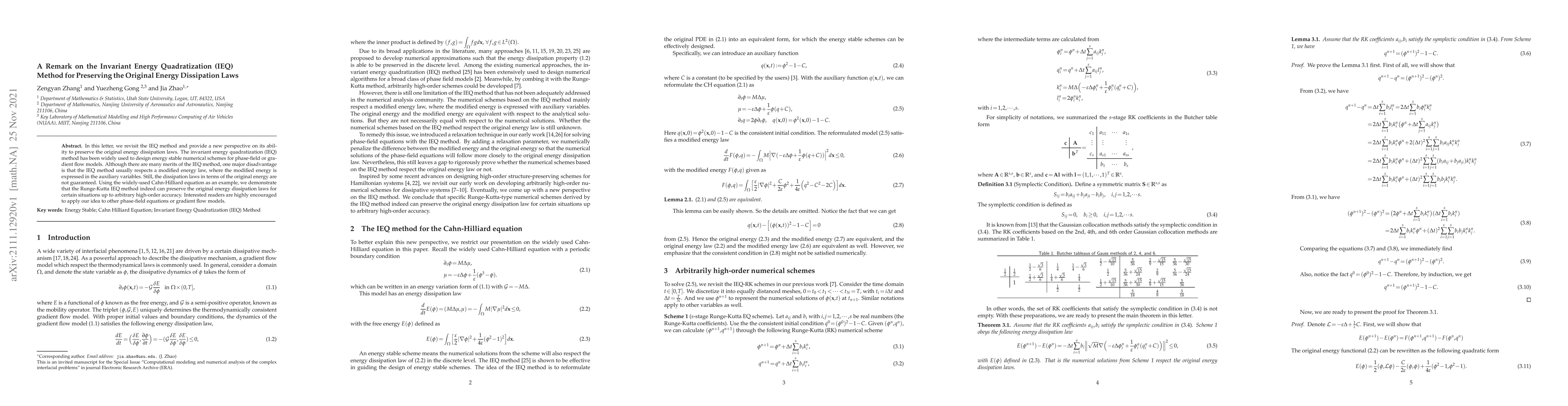 Thumbnail for A Remark on the Invariant Energy Quadratization (IEQ) Method for
  Preserving the Original Energy Dissipation Laws