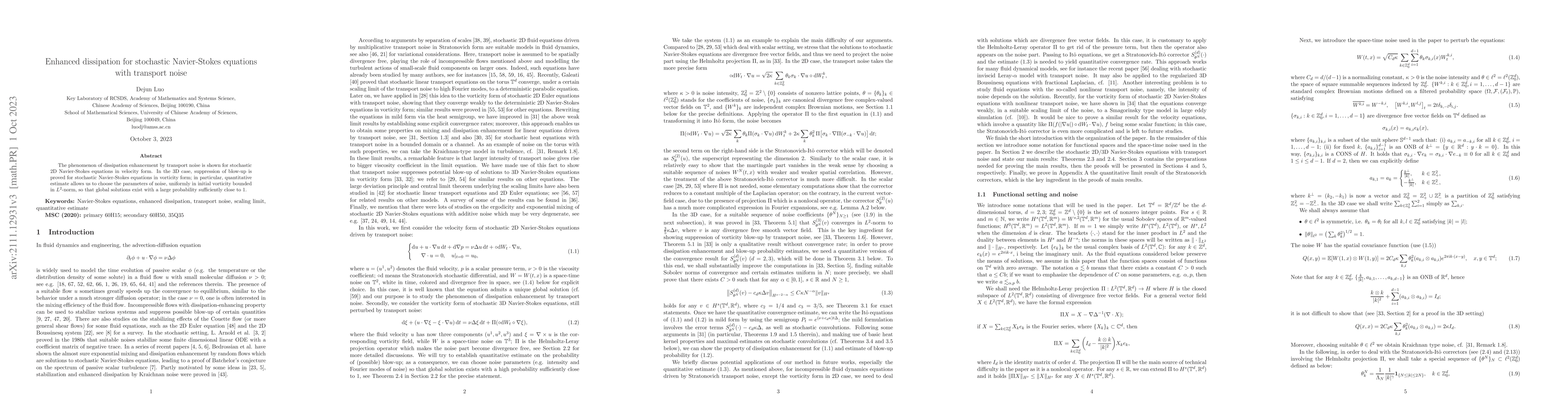 Thumbnail for Enhanced dissipation for stochastic Navier-Stokes equations with
  transport noise