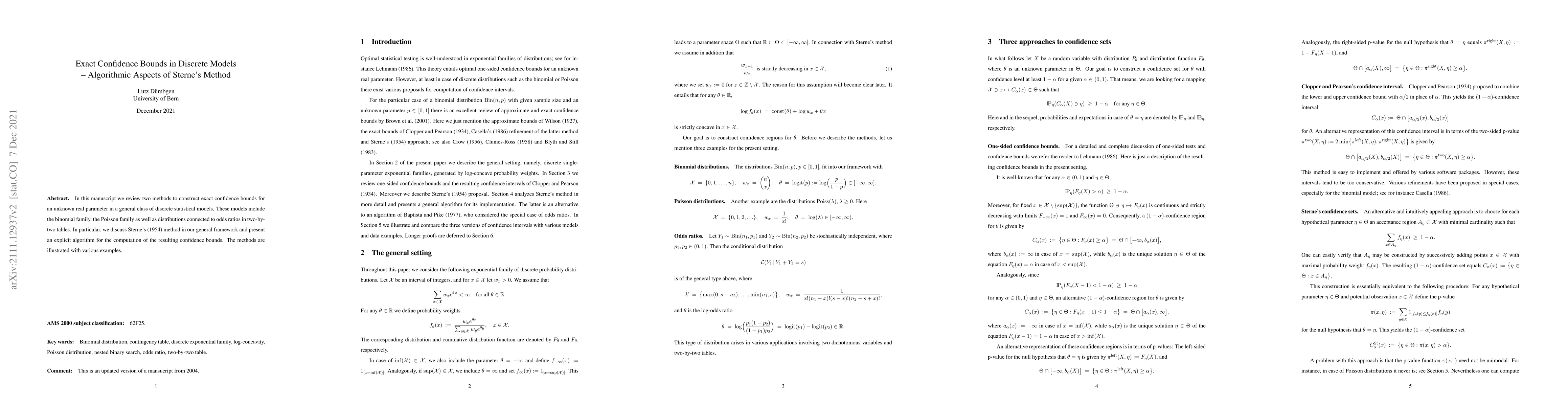 Thumbnail for Exact Confidence Bounds in Discrete Models -- Algorithmic Aspects of
  Sterne's Method