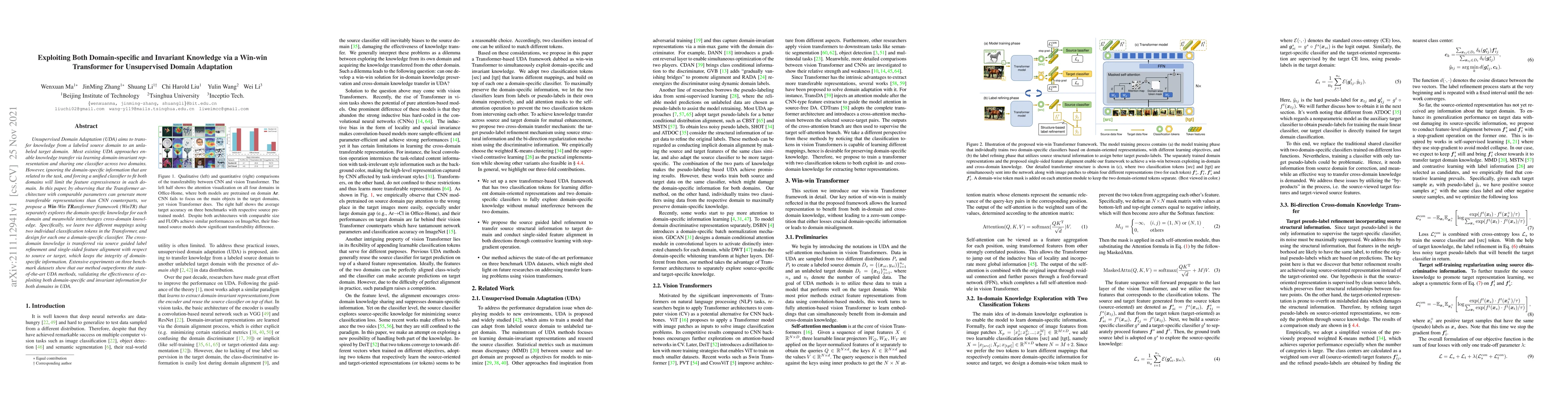 Thumbnail for Exploiting Both Domain-specific and Invariant Knowledge via a Win-win
  Transformer for Unsupervised Domain Adaptation