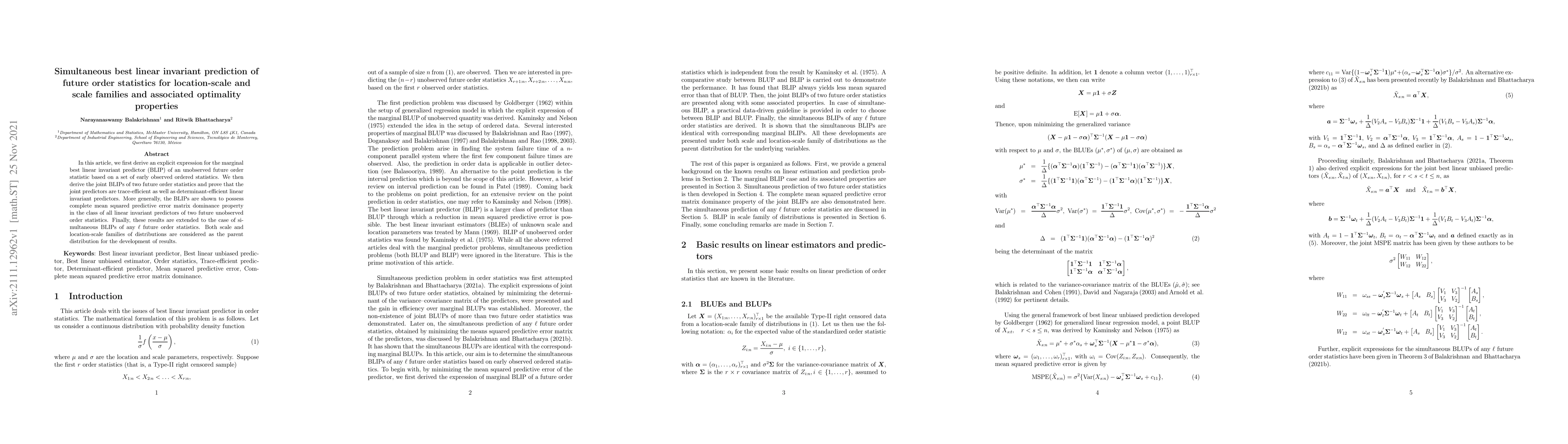 Thumbnail for Simultaneous best linear invariant prediction of future order statistics
  for location-scale and scale families and associated optimality properties