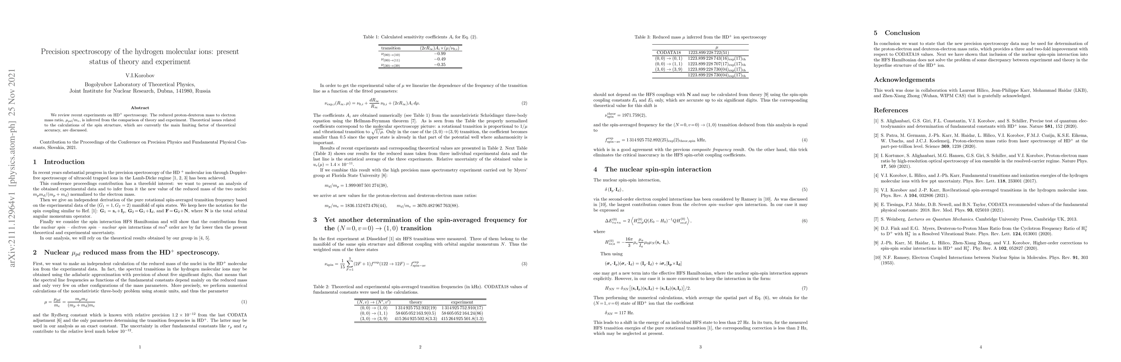 Thumbnail for Precision spectroscopy of the hydrogen molecular ions: present status of
  theory and experiment