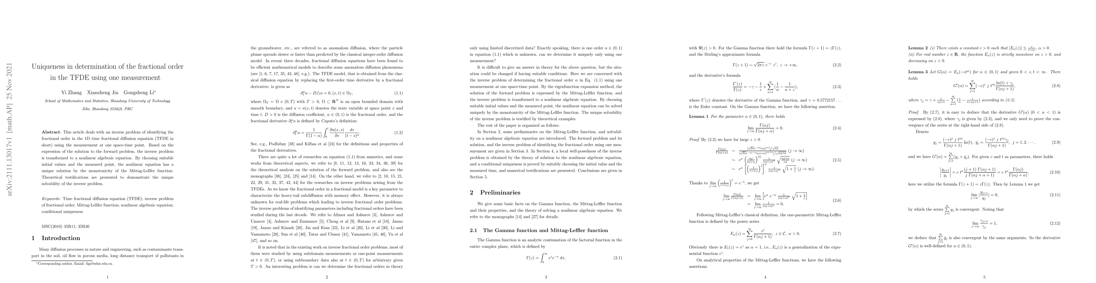 Thumbnail for Uniqueness in determination of the fractional order in the TFDE using
  one measurement