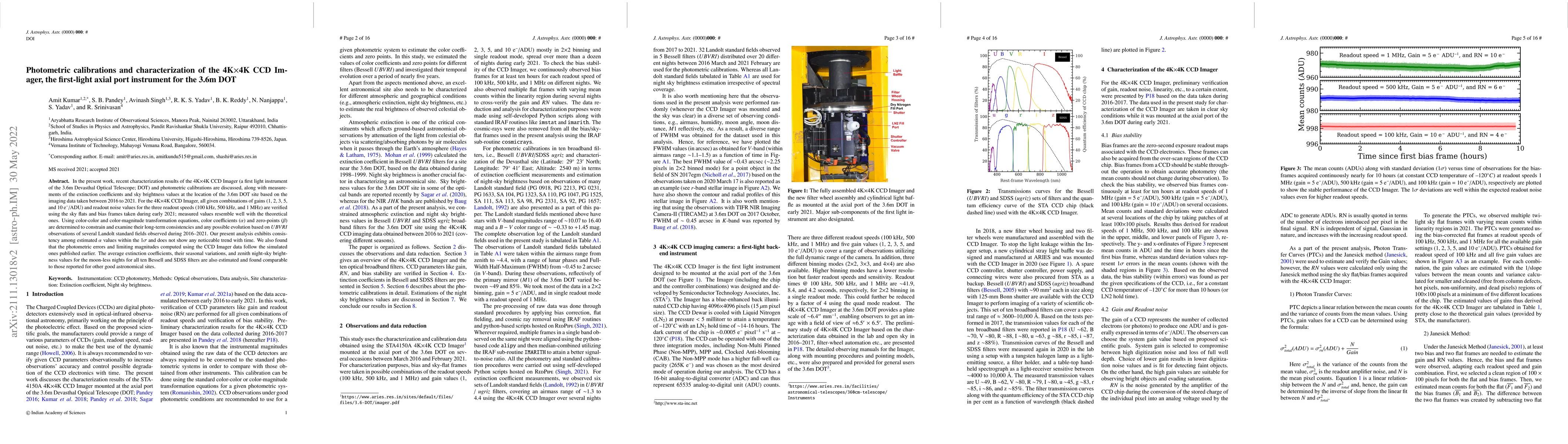 Thumbnail for Photometric calibrations and characterization of the 4K$\times$4K CCD
  Imager, the first-light axial port instrument for the 3.6m DOT