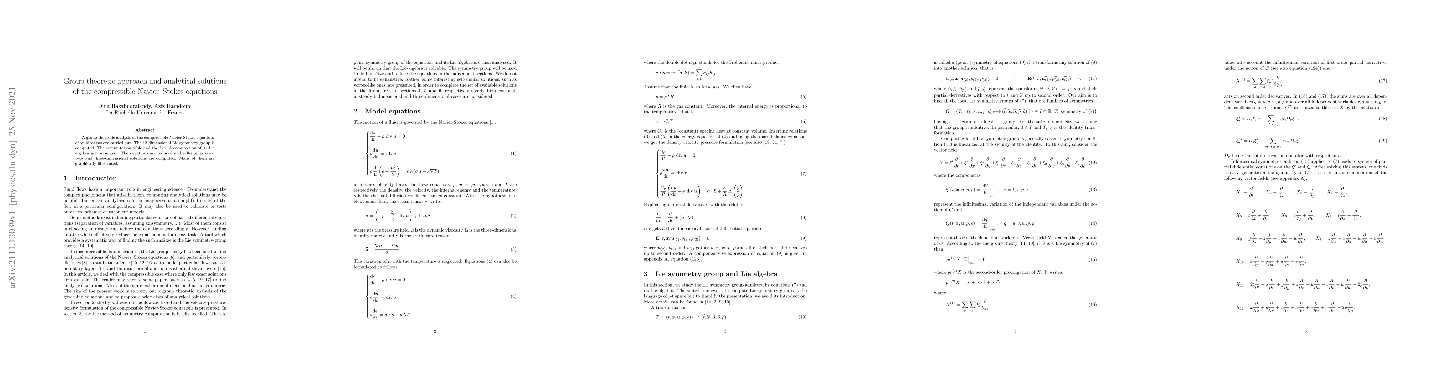 Thumbnail for Group theoretic approach and analytical solutions of the compressible
  Navier-Stokes equations