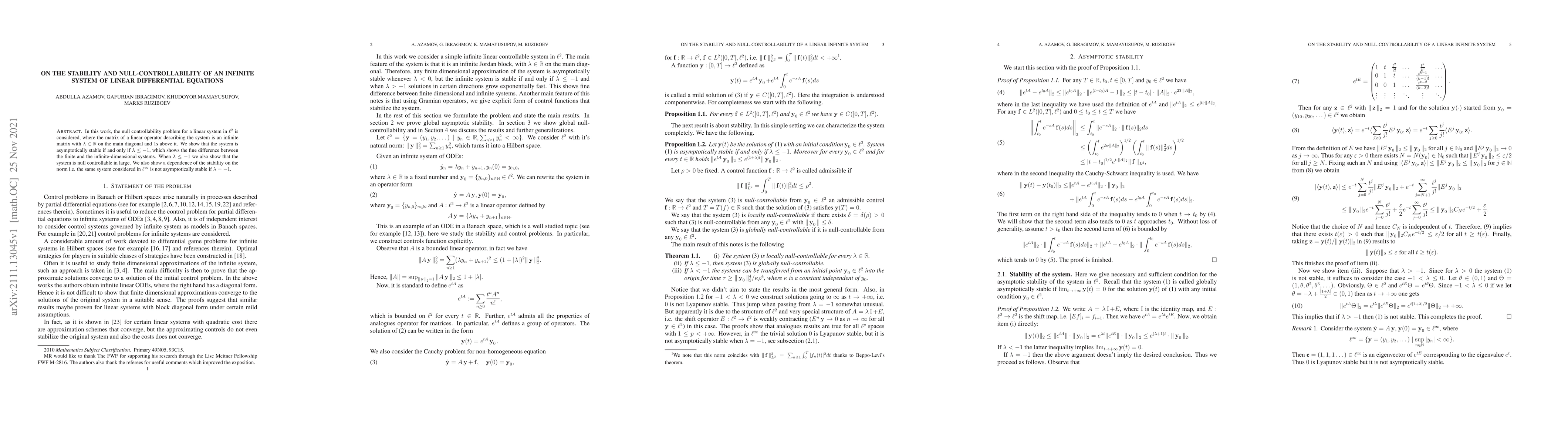 Thumbnail for On the stability and null-controllability of an infinite system of
  linear differential equations