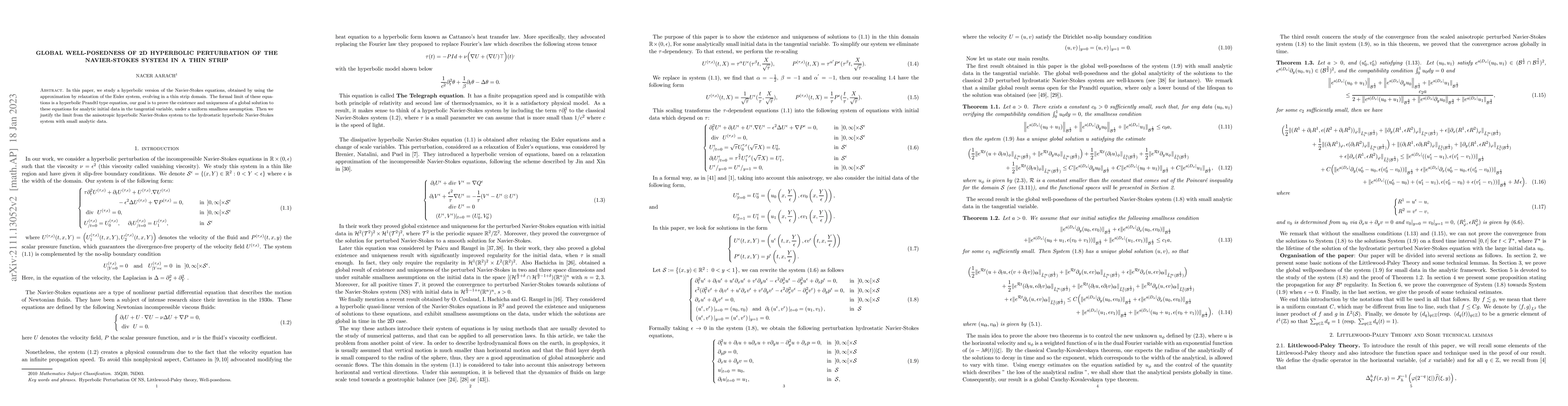 Thumbnail for Global well-posedness of 2D Hyperbolic perturbation of the Navier-Stokes
  system in a thin strip