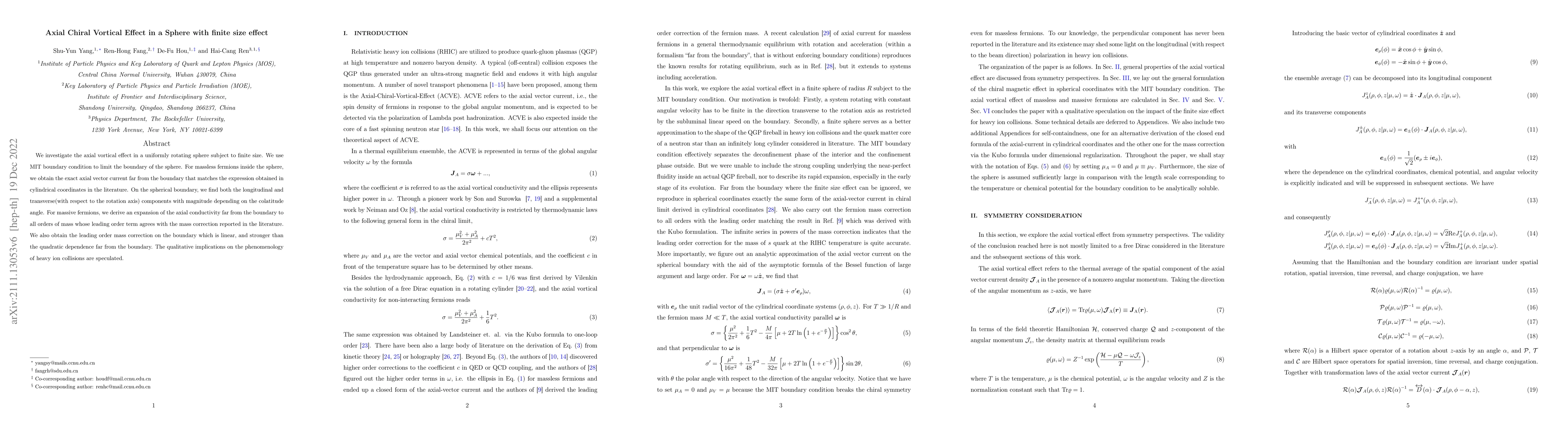 Thumbnail for Axial Chiral Vortical Effect in a Sphere with finite size effect