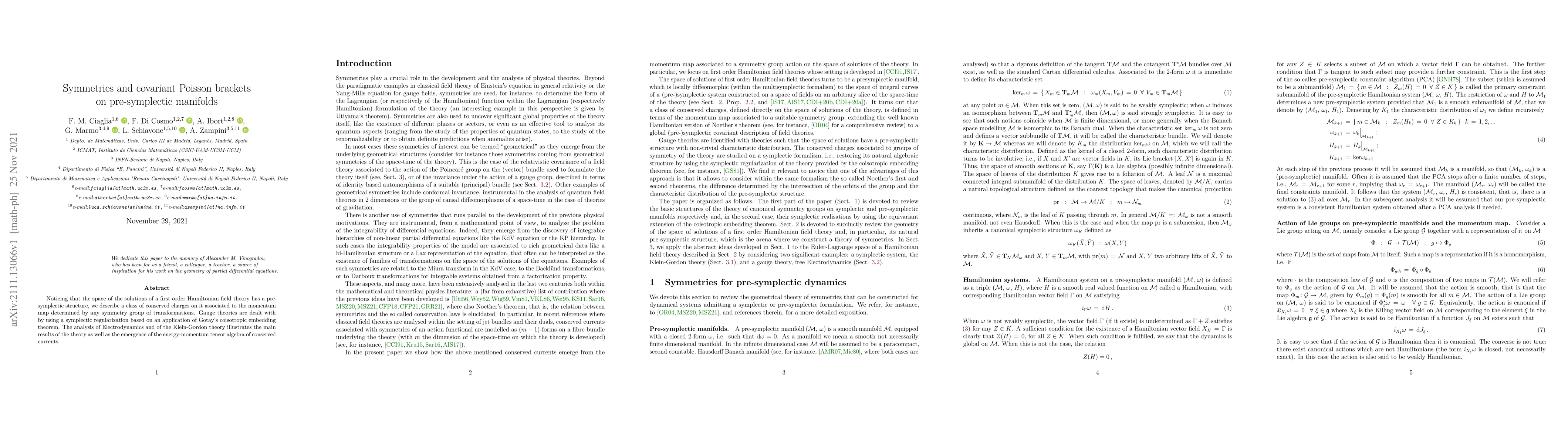 Thumbnail for Symmetries and Covariant Poisson brackets on pre-symplectic manifolds