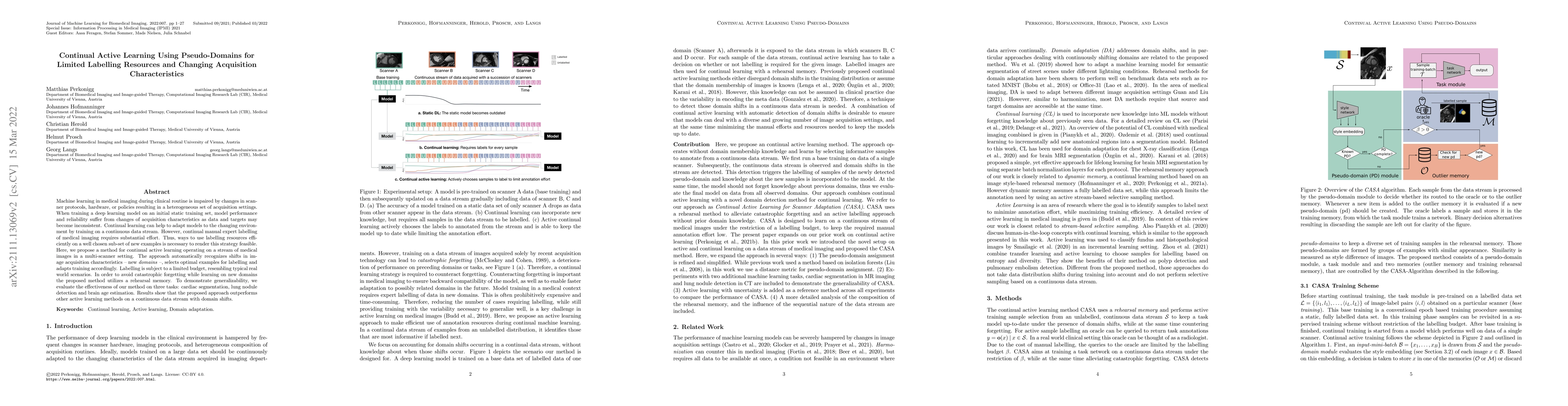 Thumbnail for Continual Active Learning Using Pseudo-Domains for Limited Labelling
  Resources and Changing Acquisition Characteristics