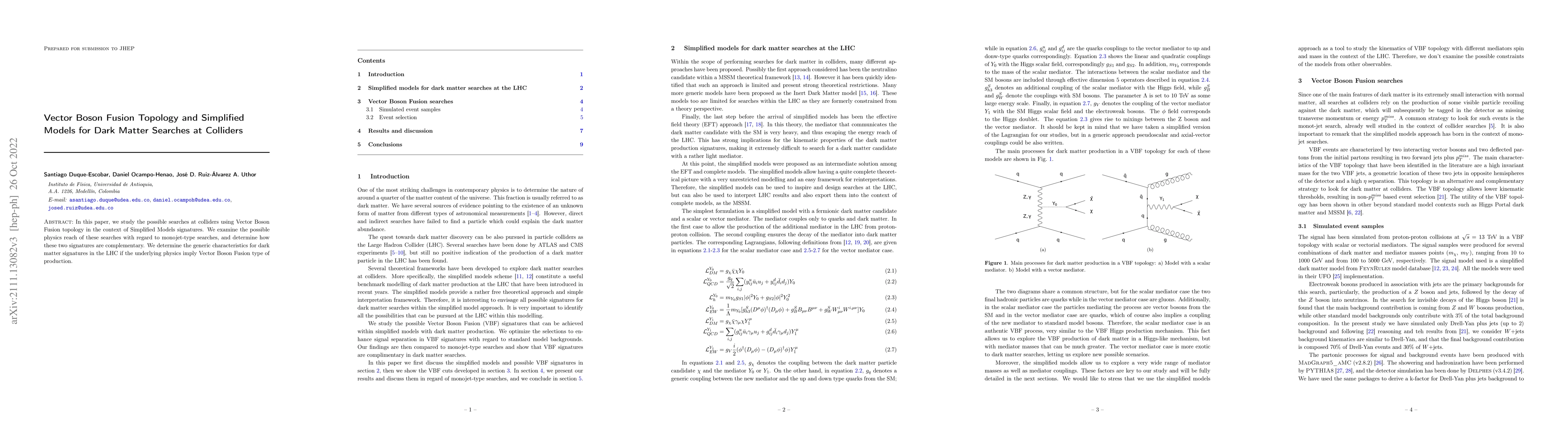 Thumbnail for Vector boson fusion topology and simplified models for dark matter
  searches at colliders