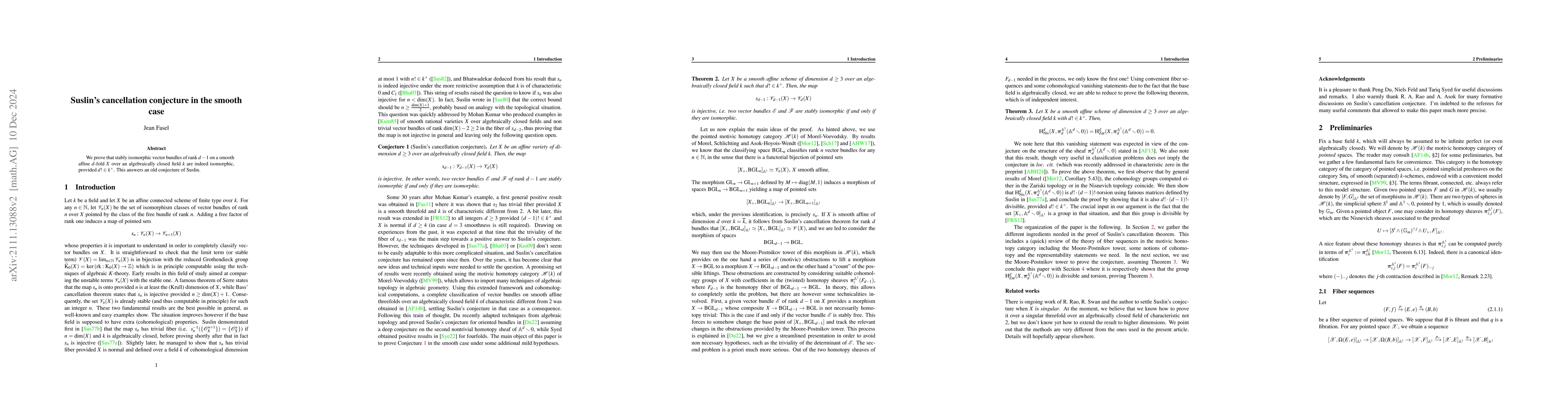 Thumbnail for Suslin's cancellation conjecture in the smooth case