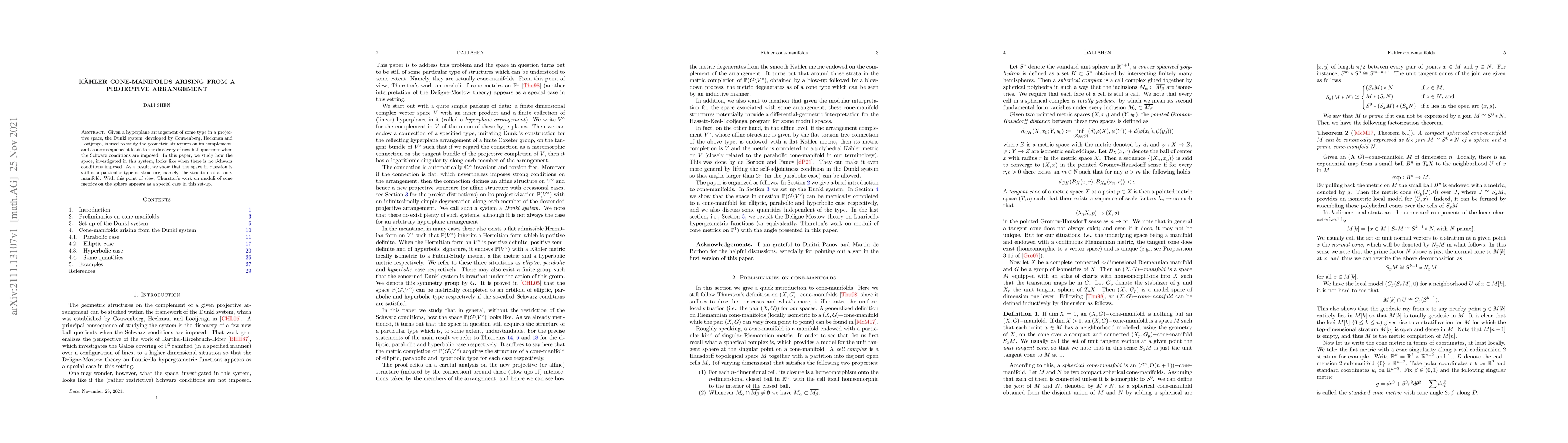 Thumbnail for K\"{a}hler cone-manifolds arising from a projective arrangement