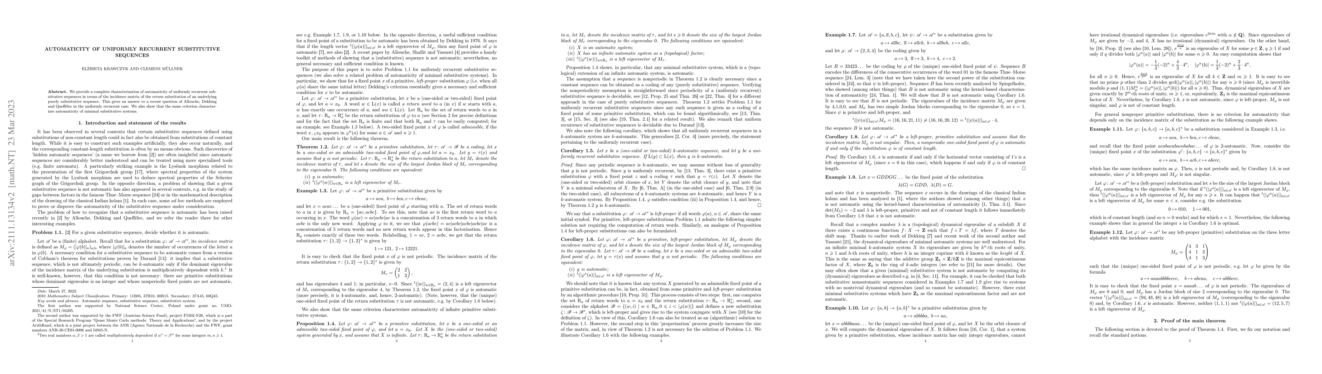 Thumbnail for Automaticity of uniformly recurrent substitutive sequences