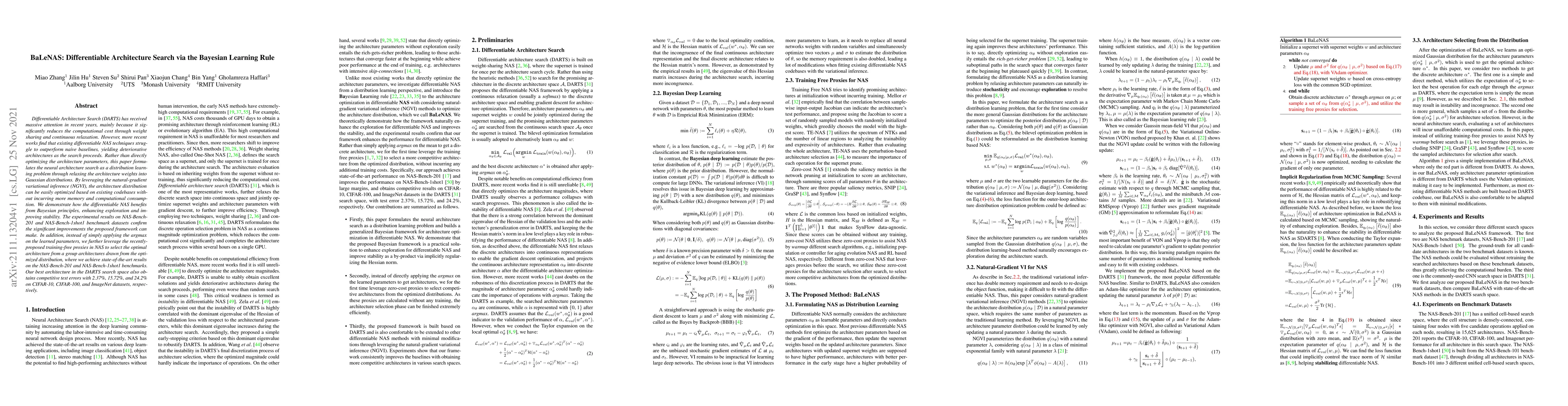 Thumbnail for BaLeNAS: Differentiable Architecture Search via the Bayesian Learning
  Rule