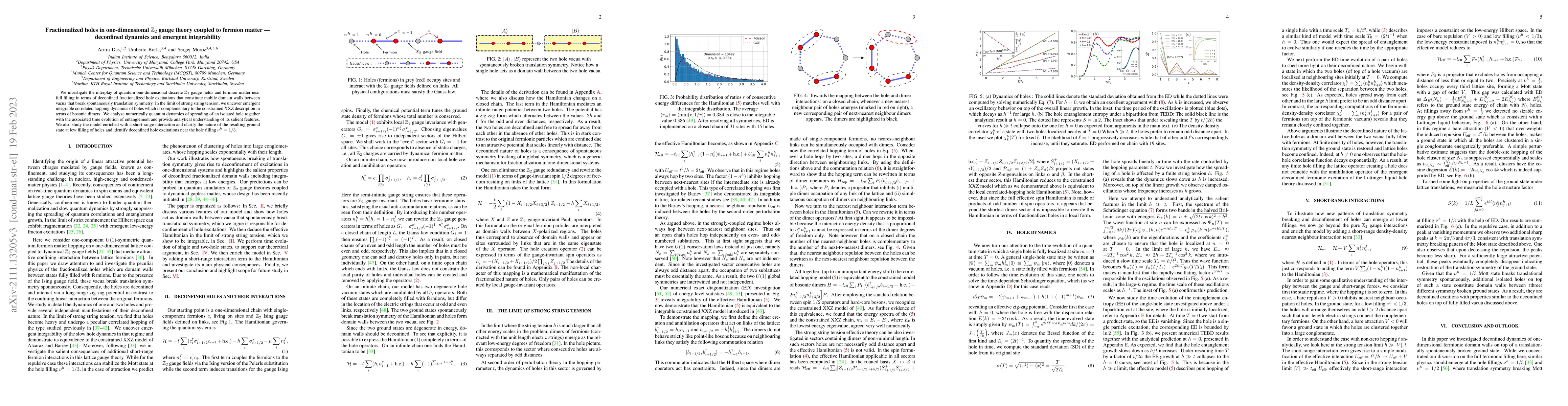 Thumbnail for Fractionalized holes in one-dimensional $\mathbb{Z}_2$ gauge theory
  coupled to fermion matter -- deconfined dynamics and emergent integrability
