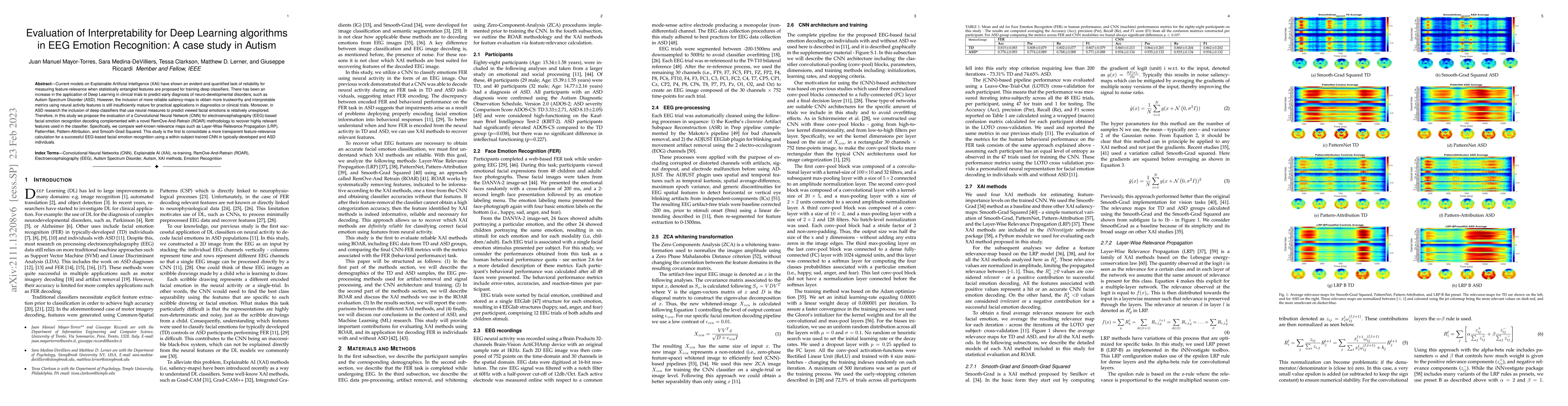 Thumbnail for Evaluation of Interpretability for Deep Learning algorithms in EEG
  Emotion Recognition: A case study in Autism