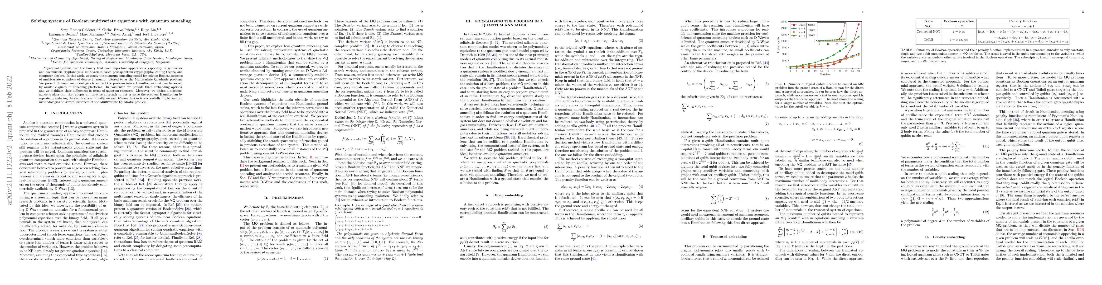 Thumbnail for Solving systems of Boolean multivariate equations with quantum annealing