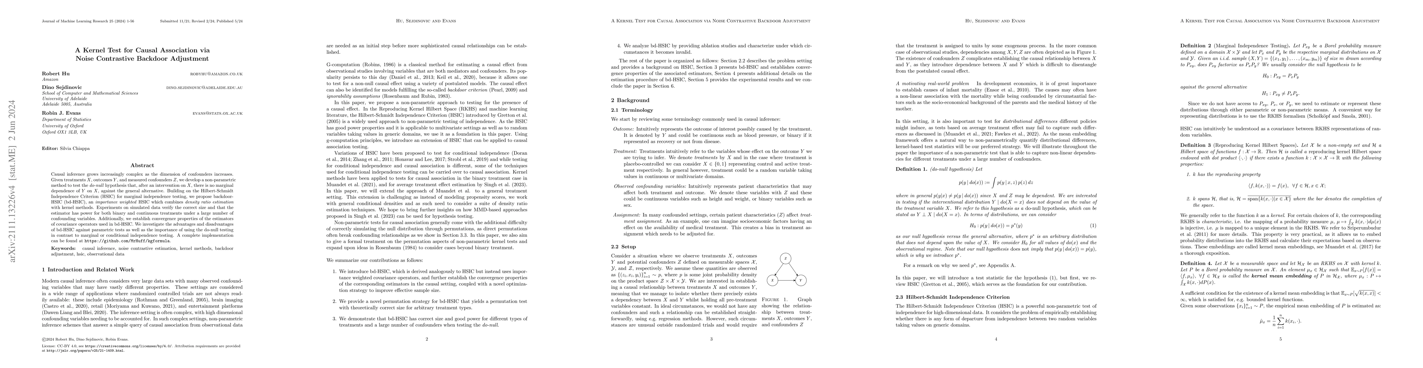 Thumbnail for A Kernel Test for Causal Association via Noise Contrastive Backdoor
  Adjustment