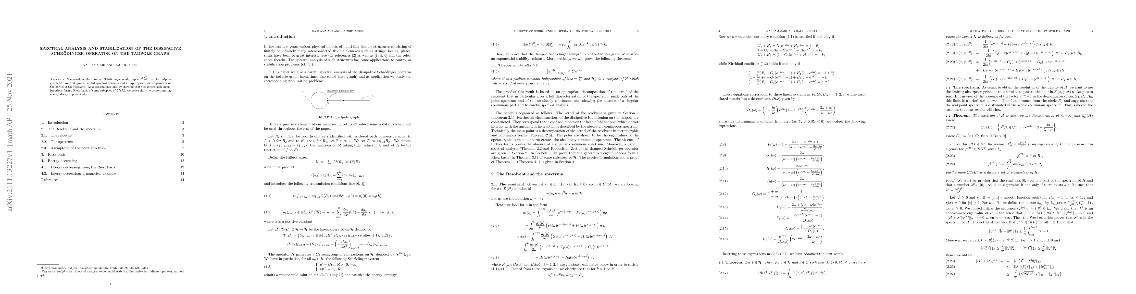 Thumbnail for Spectral analysis and stabilization of the dissipative Schr\"{o}dinger
  operator on the tadpole graph