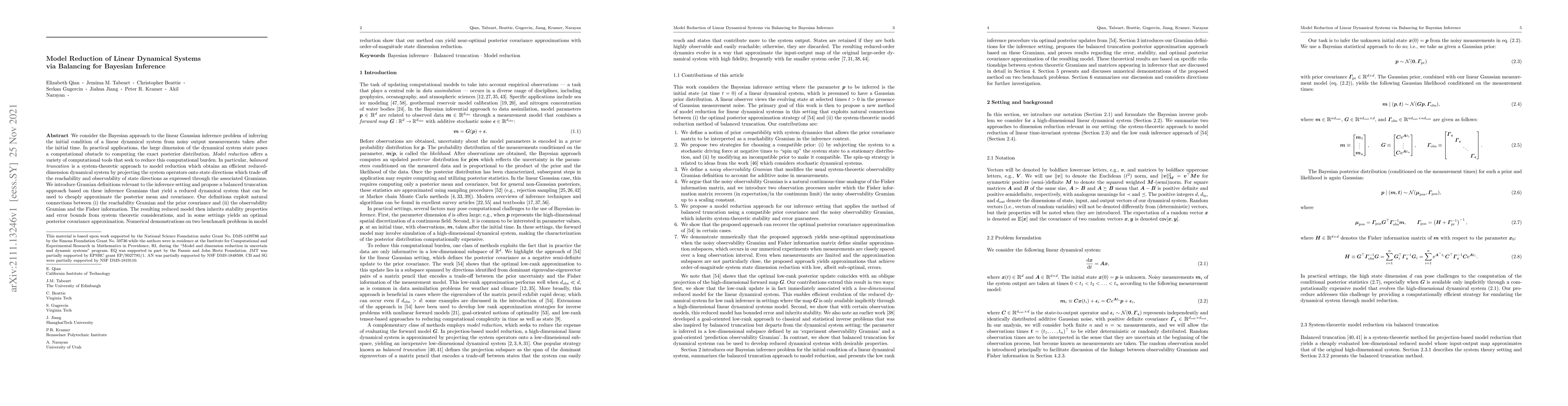 Thumbnail for Model Reduction of Linear Dynamical Systems via Balancing for Bayesian
  Inference