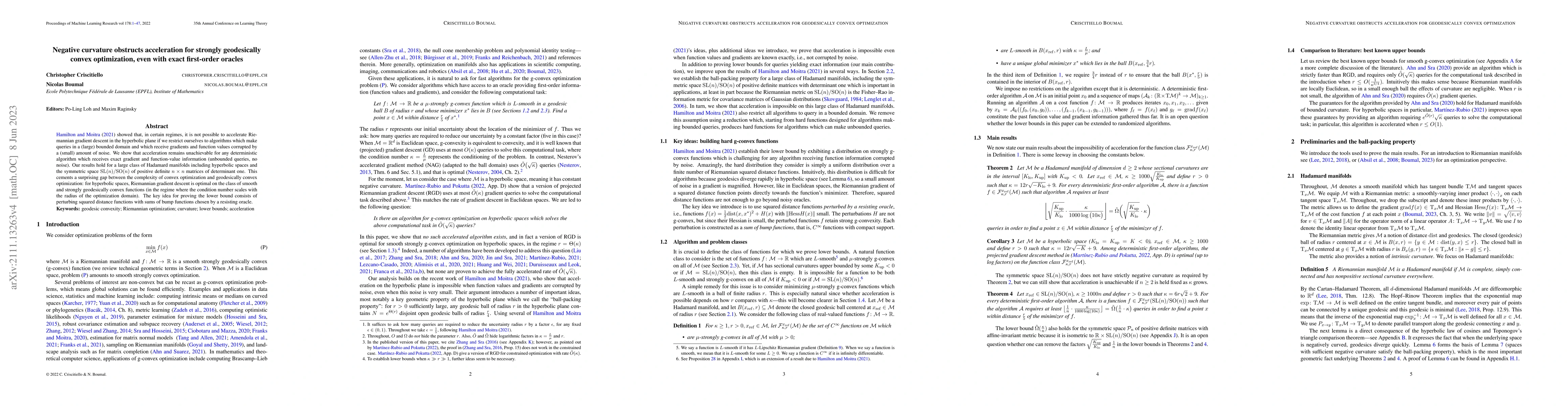 Thumbnail for Negative curvature obstructs acceleration for strongly geodesically
  convex optimization, even with exact first-order oracles