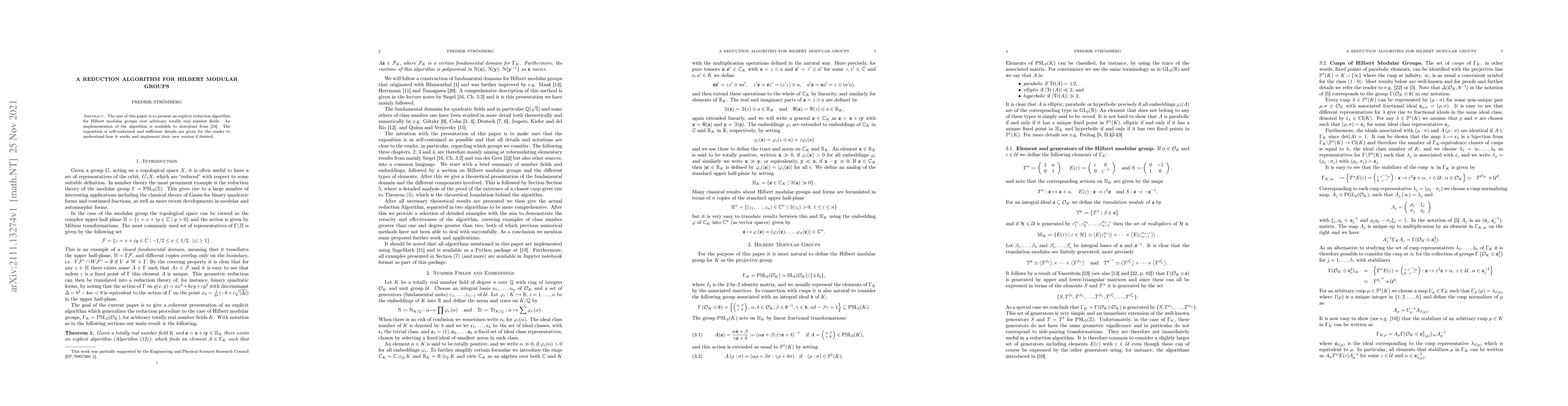 Thumbnail for A Reduction Algorithm for Hilbert Modular Groups
