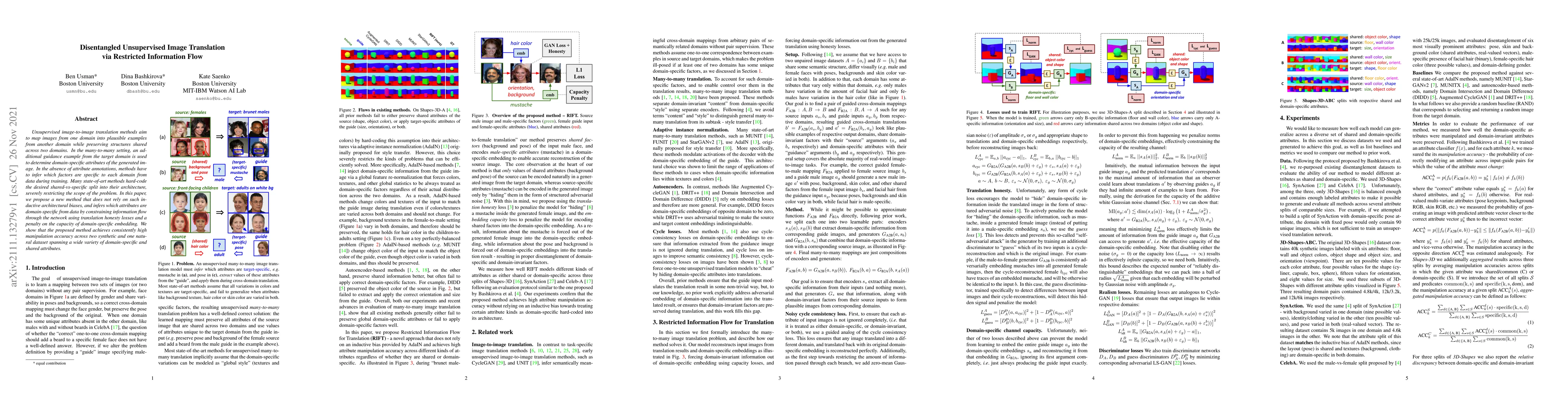 Thumbnail for Disentangled Unsupervised Image Translation via Restricted Information
  Flow